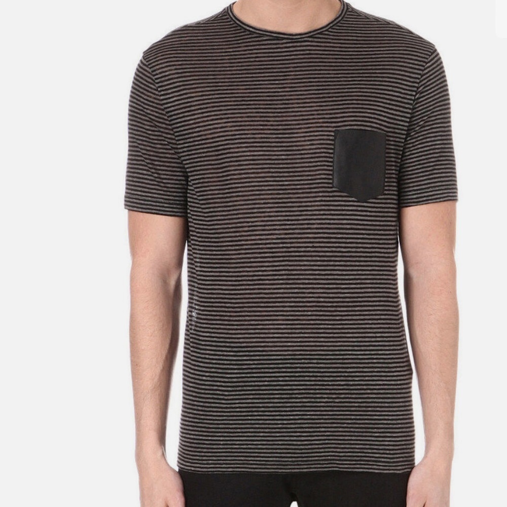 The Kooples Stripped Linen Short Sleeve Black & Gray Striped Tee | L
